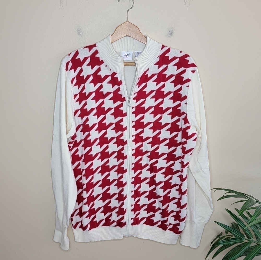 NWT Maggie Lane | Red & Cream Houndstooth Zip Cardigan Sweater Size 2XL